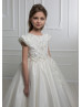 Beaded Ivory Lace Satin Corset Back Flower Girl Dress